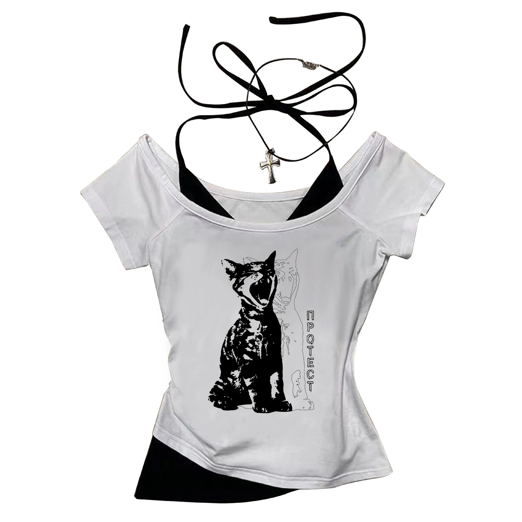 Women Y2K fake two American style sweet and spicy short sleeved women's slim fit top trend light plate DIY summer sweet T-shirt