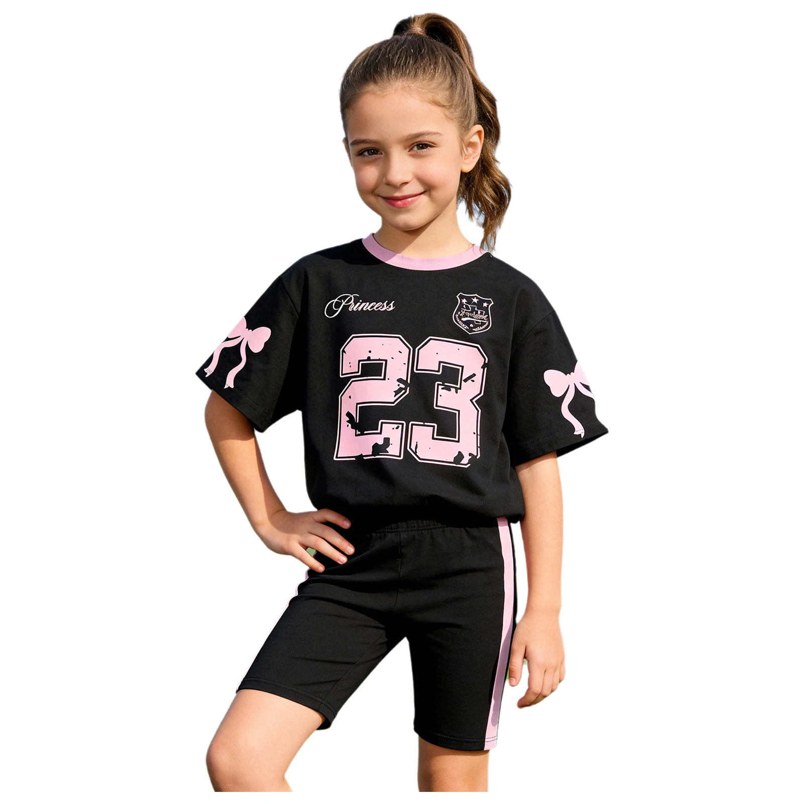 Kids Girls Sports Gym Fitness Costume Color Block Short-sleeve Bowknot T-shirt with Shorts for Basketball Class Daily Training