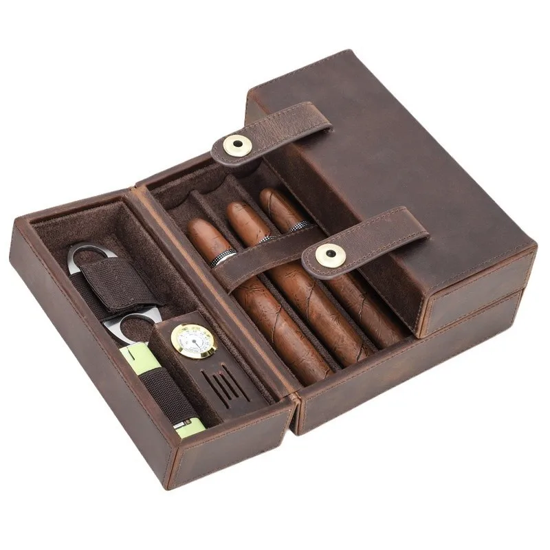 Vintage Crazy Horse Leather Clasp Cigar Storage Box with Flip Cover, Portable Genuine Leather Humidifying Cigar Case for Export