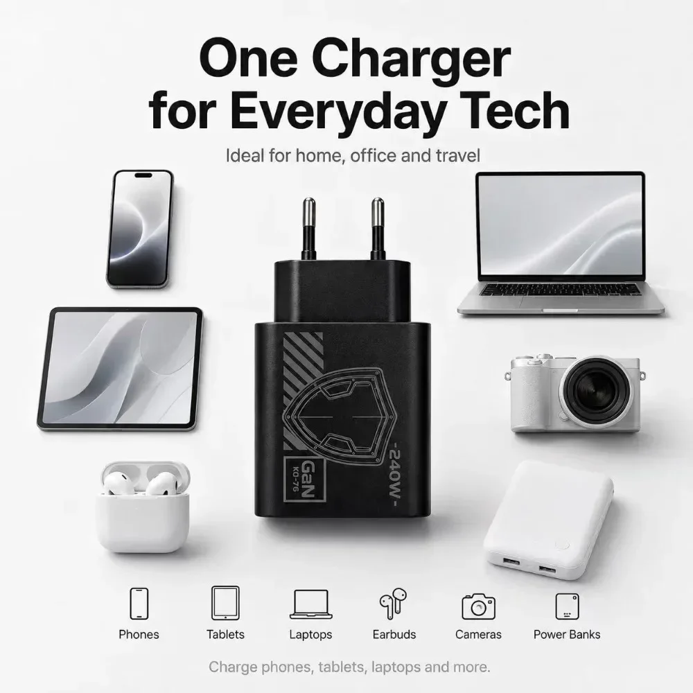 Durable 240W GaN Mechanical Multi‑Port USB Travel Charger EU US Plug Power Adapter for Phone Laptop Tablet Travel Work
