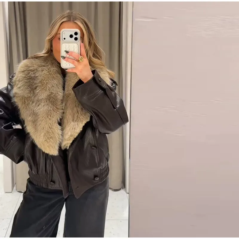 Elegant PU Fur Patchwork Jacket Women Loose Detachable Collar Lapel Double Breasted Jackets Female Fashion Winter Warm Outwear