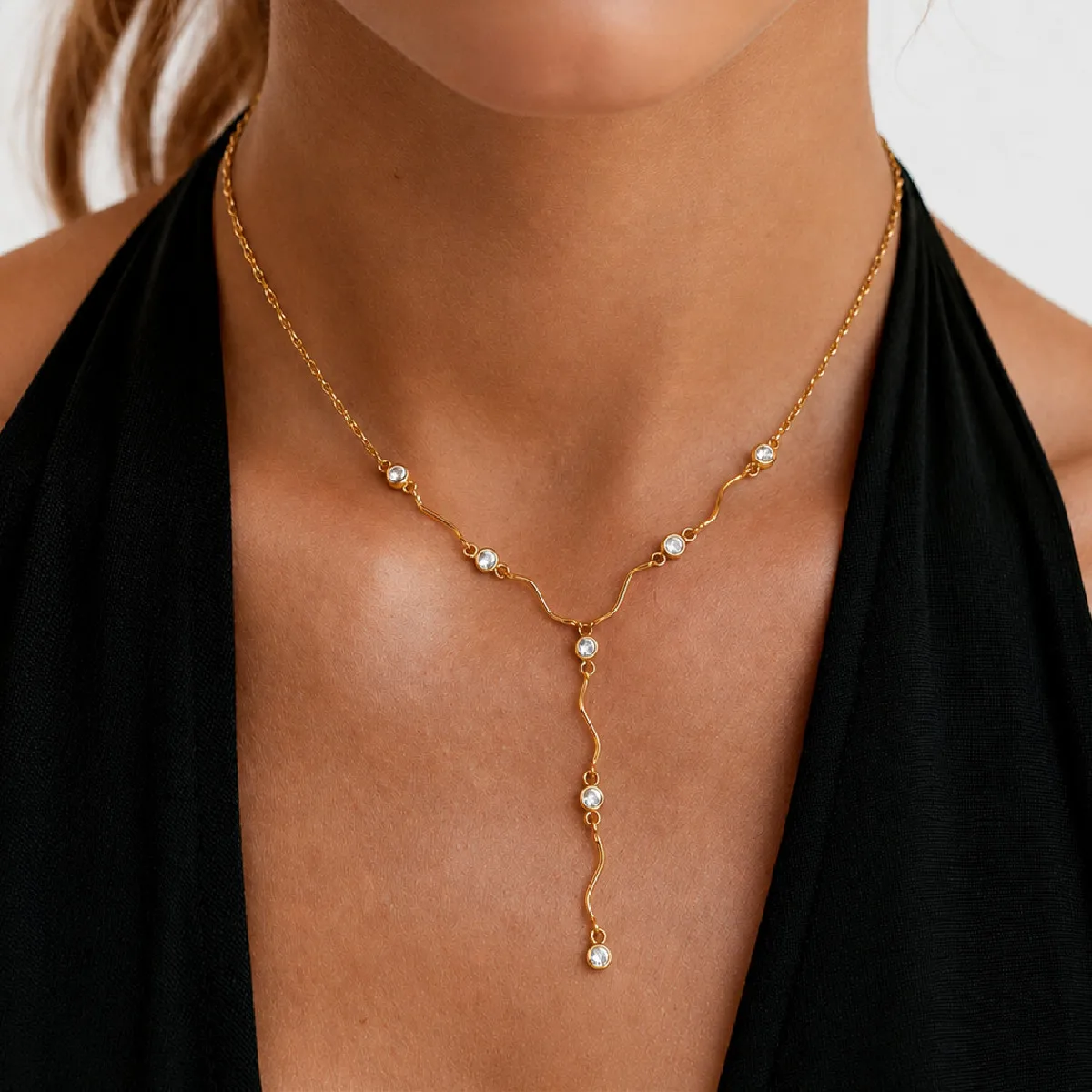18K Gold Plated Stainless Steel CZ Wavy Y Lariat Necklace Dainty Round Zircon Wave Bar Drop Long Choker Jewelry for Women
