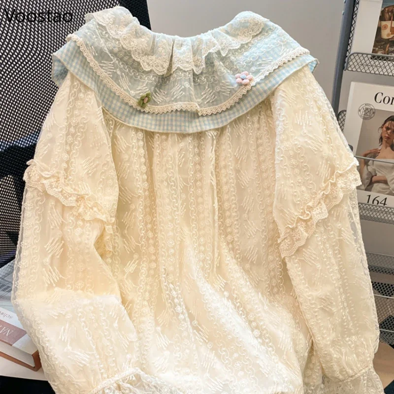 French Vintage Sweet Lolita Shirt Girl Kawaii Lace Ruffles Peter Pan Collar Long Sleeve Blouses Women Spring Autumn Casual Tops