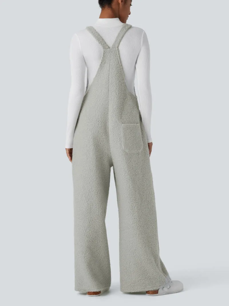 Women 2Pcs Outfit Set White Turtleneck Long Sleeve T-shirt + Teddy Fleece Bib Overalls Wide Leg Suspender Pants Autumn Winter Wa