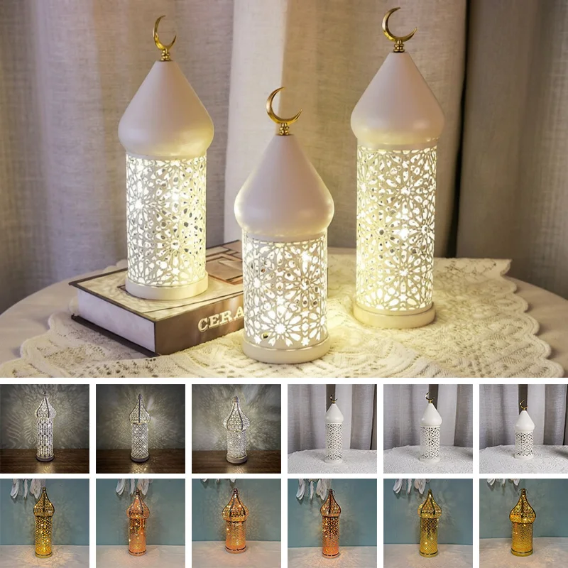 White Iron Hollow Moroccan Metal Candle Holder Tabletop Decorative Ramadan Mubarak Atmosphere Lantern for Home Desktop Ornament