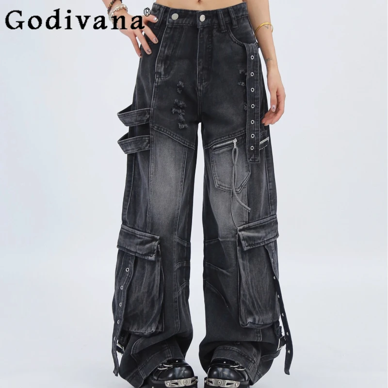 

American Retro Double Placket Loose Wide-leg Lace-up Floor-mopping Jeans Summer New Girl Versatile Leisure Age-reducing Trousers