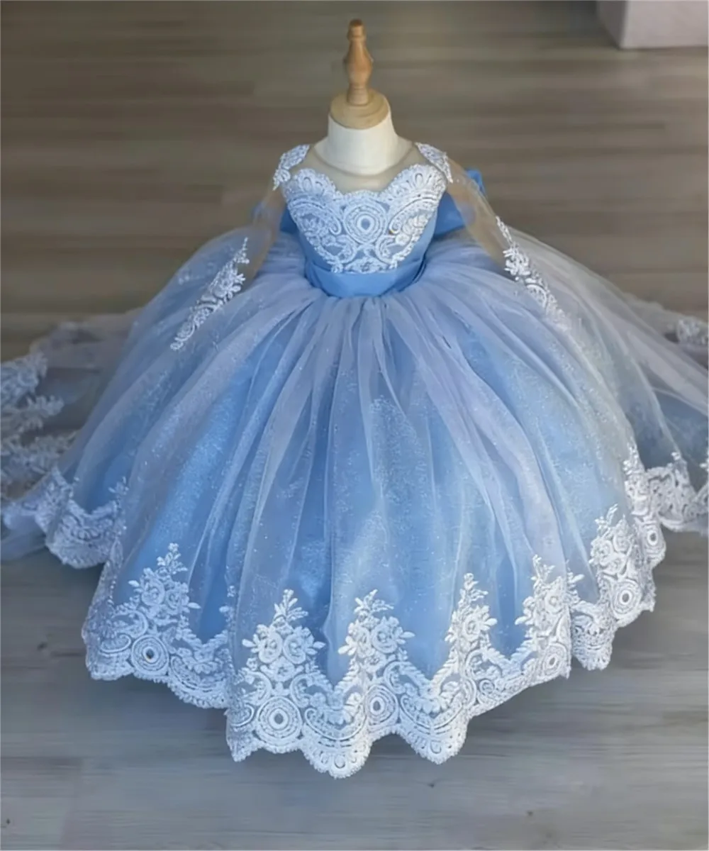 

Luxury Appliques Lace Flower Girl Wedding Dress with Bow Princess Birthday Party Dress Kids First Communion Ball Gown Customized