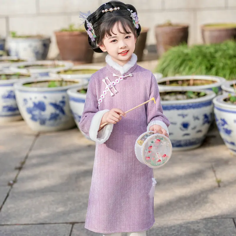 

Oriental Style Girls Purple Qipao Dress Mandarin Collar Fake Diagonal Placket Knot Button Decor Design Cheongsam Robe Hanfu Look