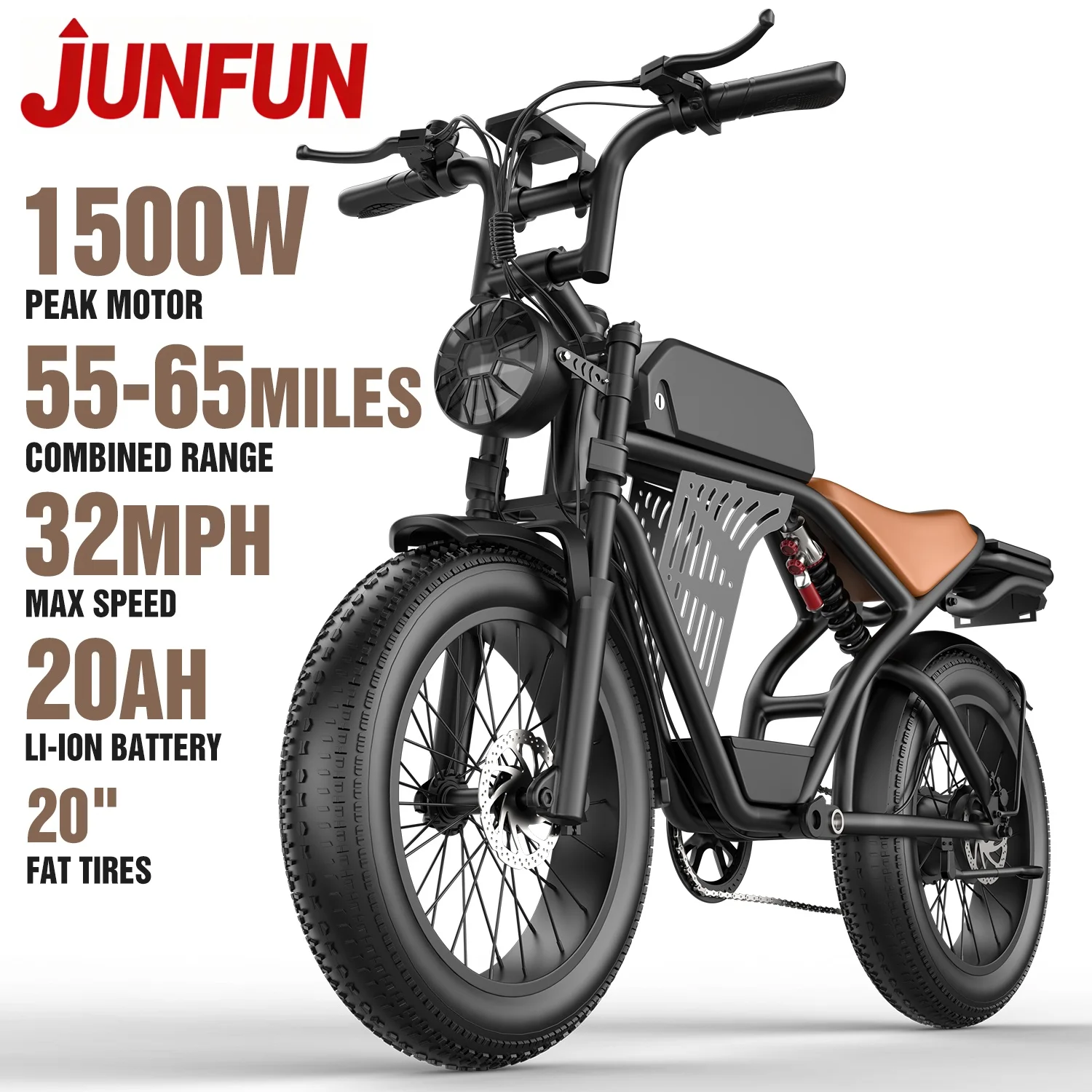 

Электровелосипед JUNFUN для взрослых, пиковая мощность двигателя 1500 Вт, скорость 32 миль/ч, запас хода 65 миль, 20-дюймовые широкие шины, аккумулятор 48В 20Ач, электрический внедорожный велосипед.