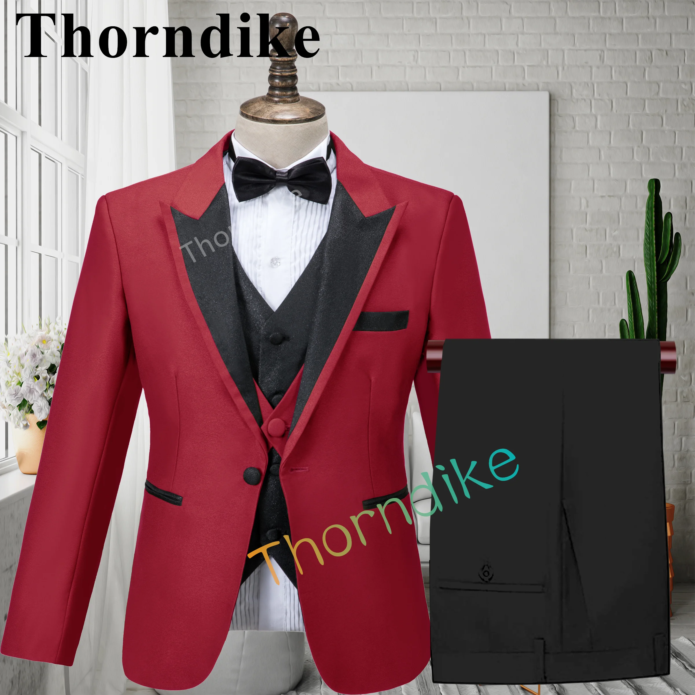 Thorndike 새로운 남성 패션 특별 패브릭 레드 블레이저 맞춤 신랑 정장 웨딩 턱시도 우아한 3 조각 세트