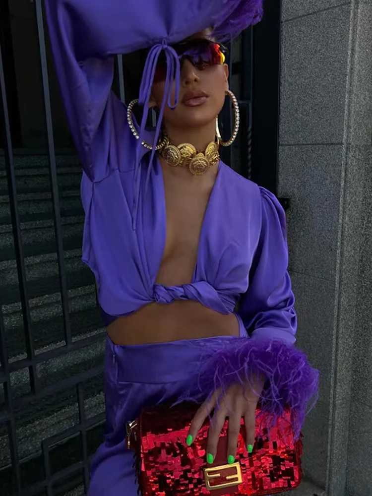 Feather Cuff Top Women Mini Skirts Set Sexy Satin Lace-up Flare Sleeve Crop Tops Split Skirt Female Sets 2023 Spring Summer