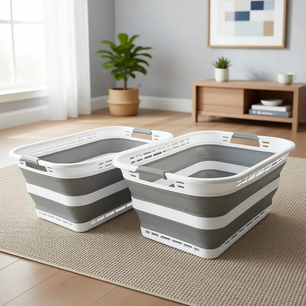 

Collapsible 42L Laundry Basket - Portable Storage Organizer & Washing Tub - Space-Saving Hamper Set of 2 (White/Grey, BPA-Free)