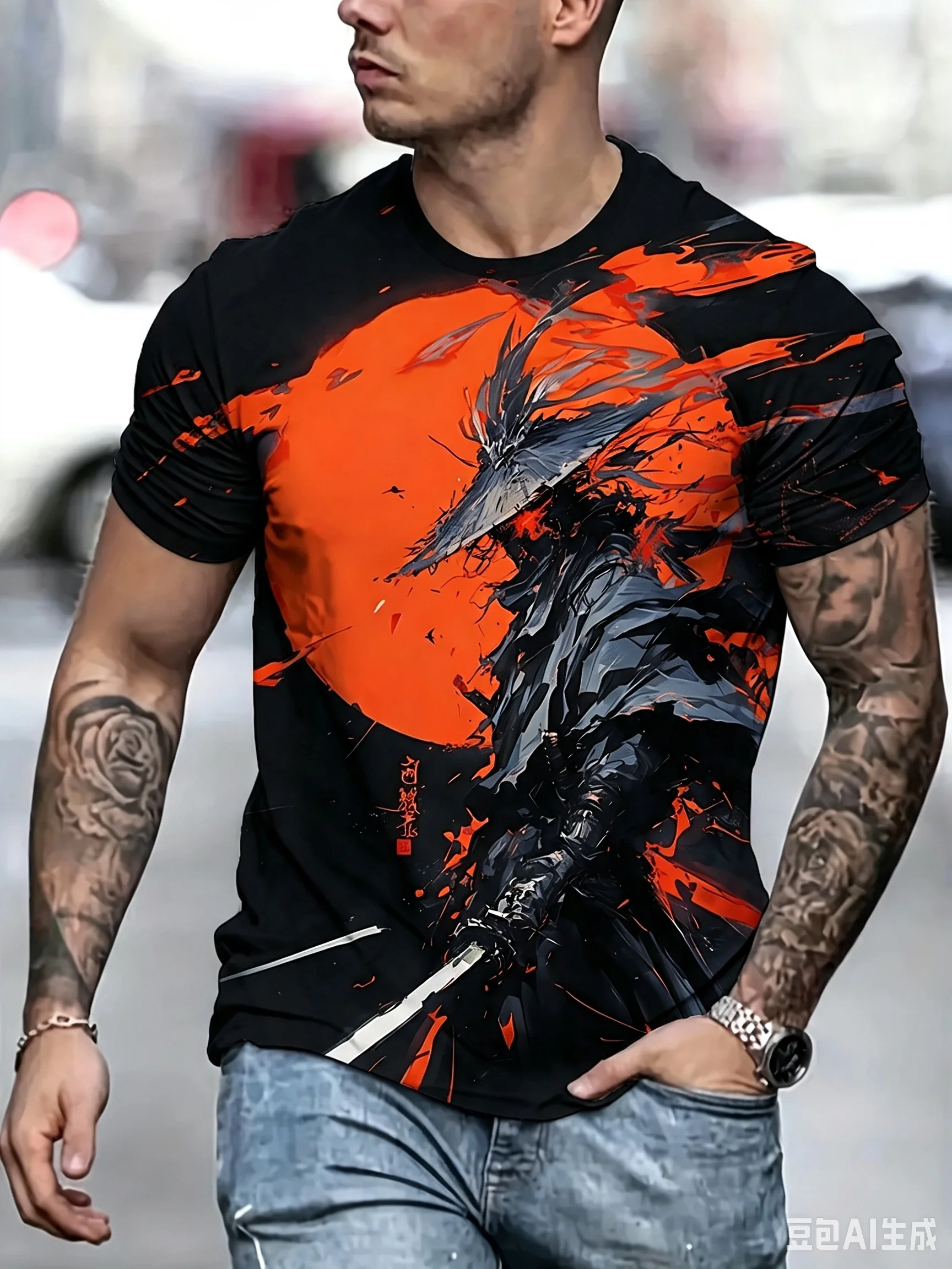 Men's Japanese Samurai Warrior Sun Graphic T-Shirt, Vintage Ink Art Crew Neck Short Sleeve Casual Streetwear Summer Fashion Tee