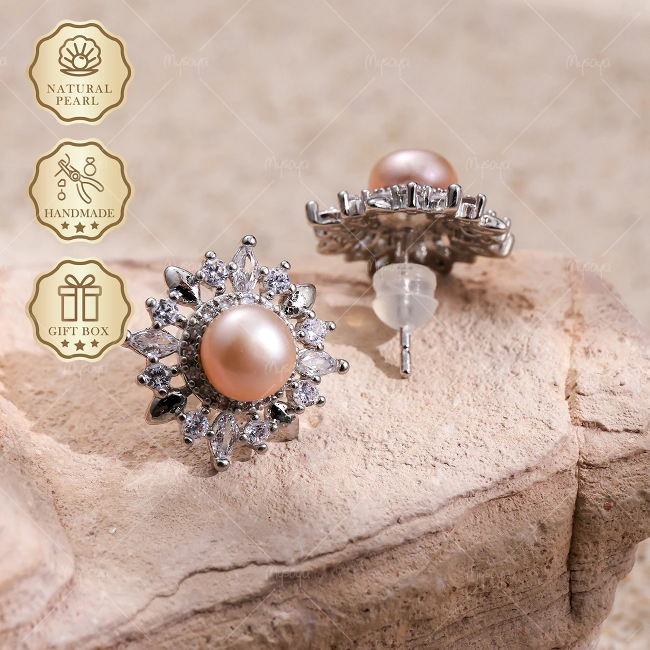 

MYSOYA 8-9mm Silver Flower Pearl Stud Earrings, Gift Box, Birthday & Mother's Day Jewelry S410