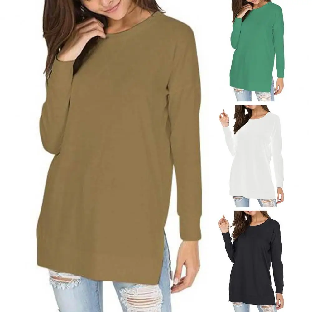 Women Solid Color Top Solid Color Loose Fit Women's Mid-length Round Neck Long Sleeve Tee Shirt Streetwear Pullover Tops