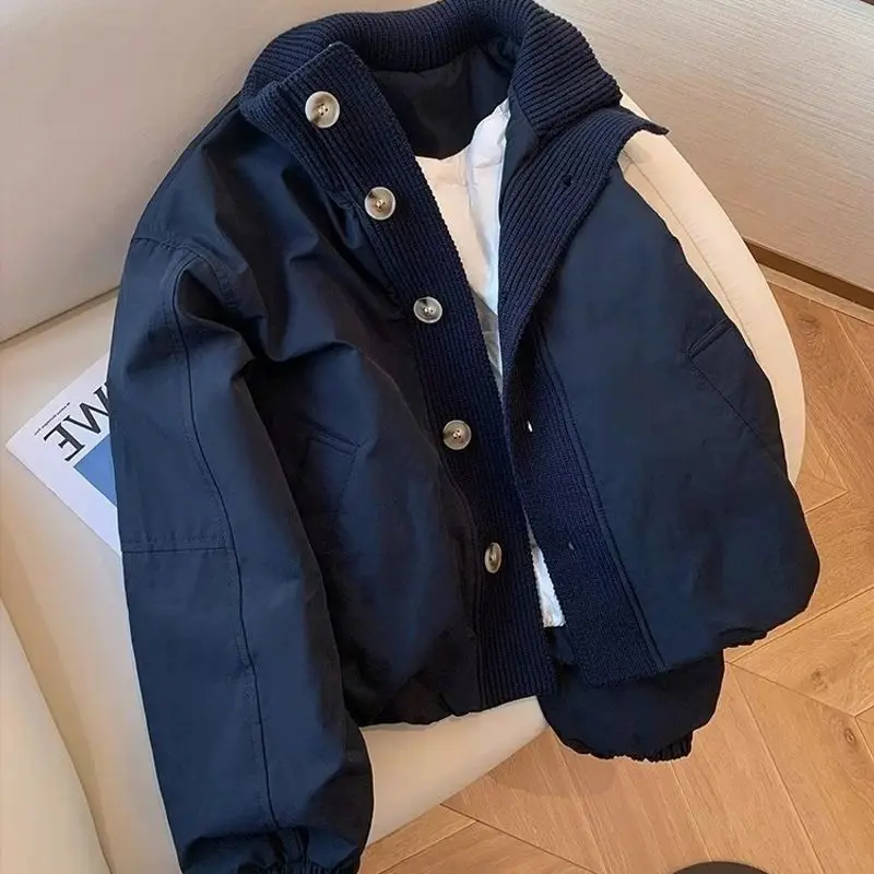 

High-end navy blue knitted spliced stand-up collar cotton jacket women's autumn and winter fashionable short jacket