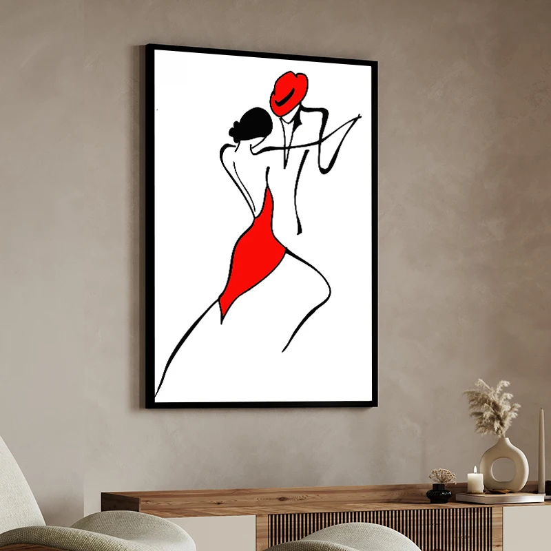 Jazz Singer with Instruments Illustration Tango Dancers in Red and Black Poster Canvas Painting Print Wall Art Room Home Decor