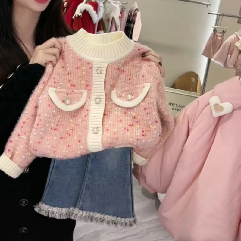 

01-Mushroom House Girls' Sweater Thickened Children's Stylish Knitted Top for Girls Young and Middle-aged Children