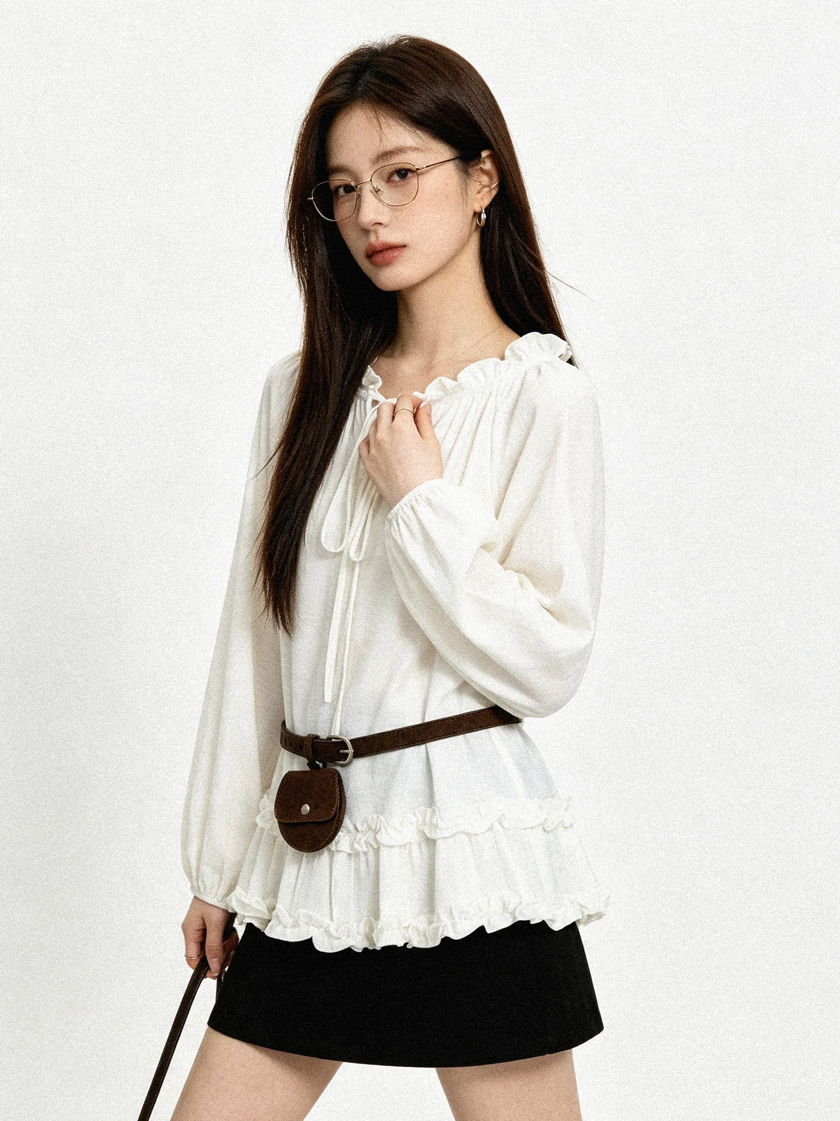 Gentle Wind Anti-Aging Korean Style High-End Skin-Friendly Vintage Belted Autumn Style Slimming Lace Trim Women's Shirt