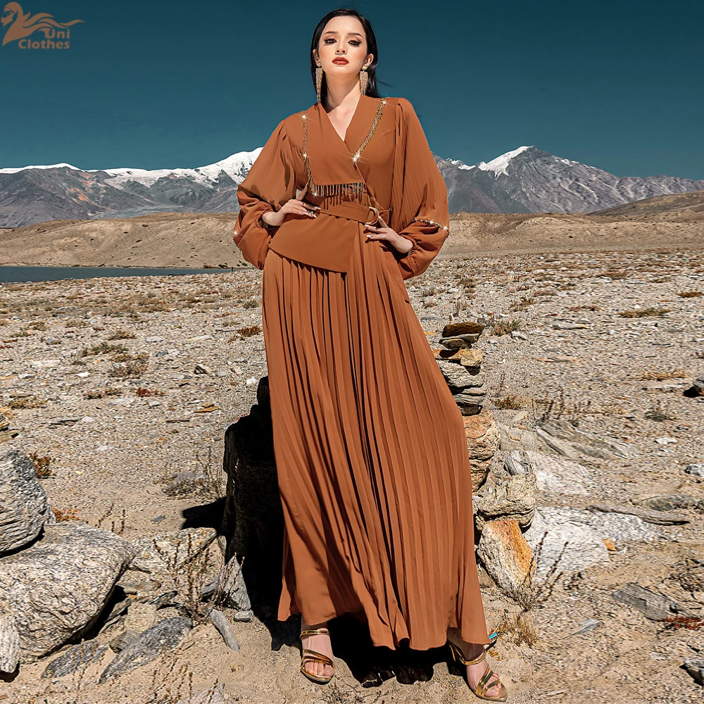 

Fashion Women Diamonds Pleated Maxi Dress Lapel Abaya Dubai Kaftan Eid Ramadan Muslim Dresses Turkey Robe Femme Vestidos Caftan