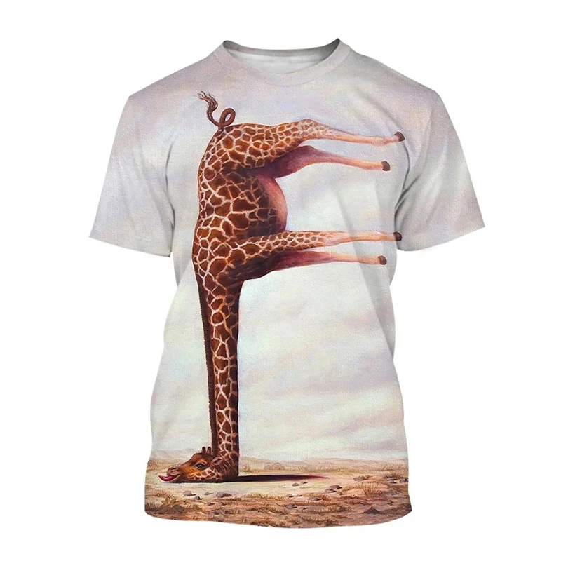 Funny Giraffe 3d Printed T Shirt Men Cute Animal Outdoor Leisure Tee Shirts Streetwear Short Sleeves Round Neck Oversized Tees