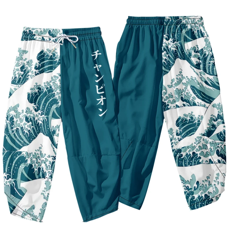 

Japanese Kimono Pants Vintage Bloom Pants Harajuku Kanagawa Wave Print Casual Trousers Women Men Traditional Asian Clothing