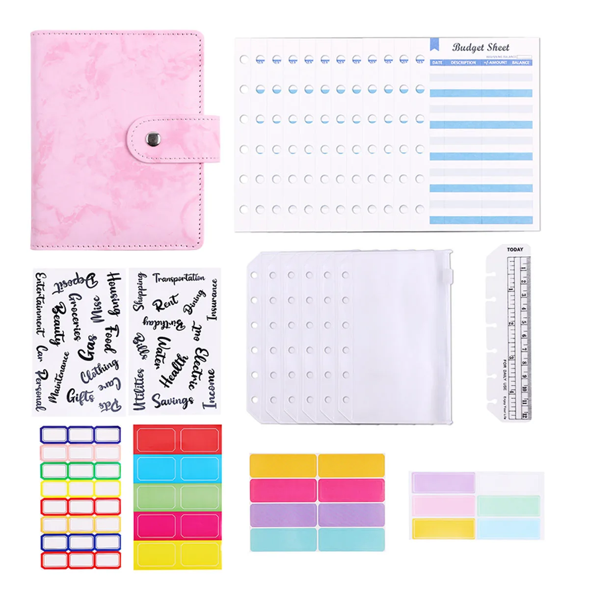 A7 Wallet Budget Ring Cash Binder Macaron Color 6 Hole Ring PU Leather Clip-on Binder Pockets Kawaii Stationery