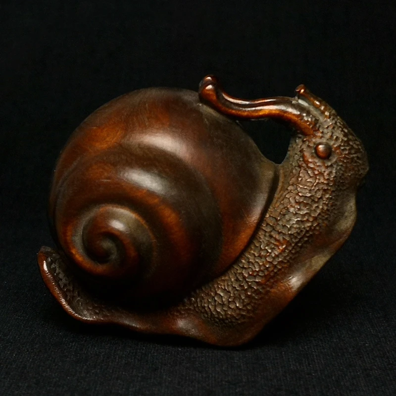 YIZHU CULTUER ART Size 2.4 Inch Old Chinese Hand carved Boxwood Wood Snail Figure Statue Netsuke Decoration Gift Collection