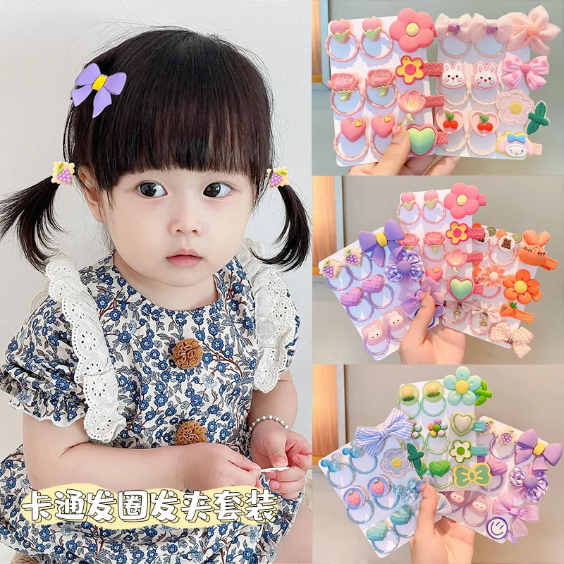 10pcs/set Children\'s Cute Cartoon Hair Accessories Side Barrettes Little Girls\' Elastic Bands Hair Rings Baby Hairpins Combinati