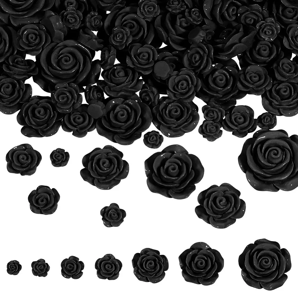 70pcs Rose Flower Beads No Holes Black 8-27mm Flatback Carve Charms 3D Embellishments Floral Cameos Bead