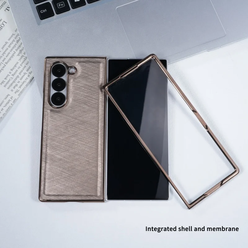 

For Samsung Galaxy Z Fold 7 6 5 4 3 Golden Silk Bamboo Fleece Leather with Tempered Film Shockproof Folding Phone Case