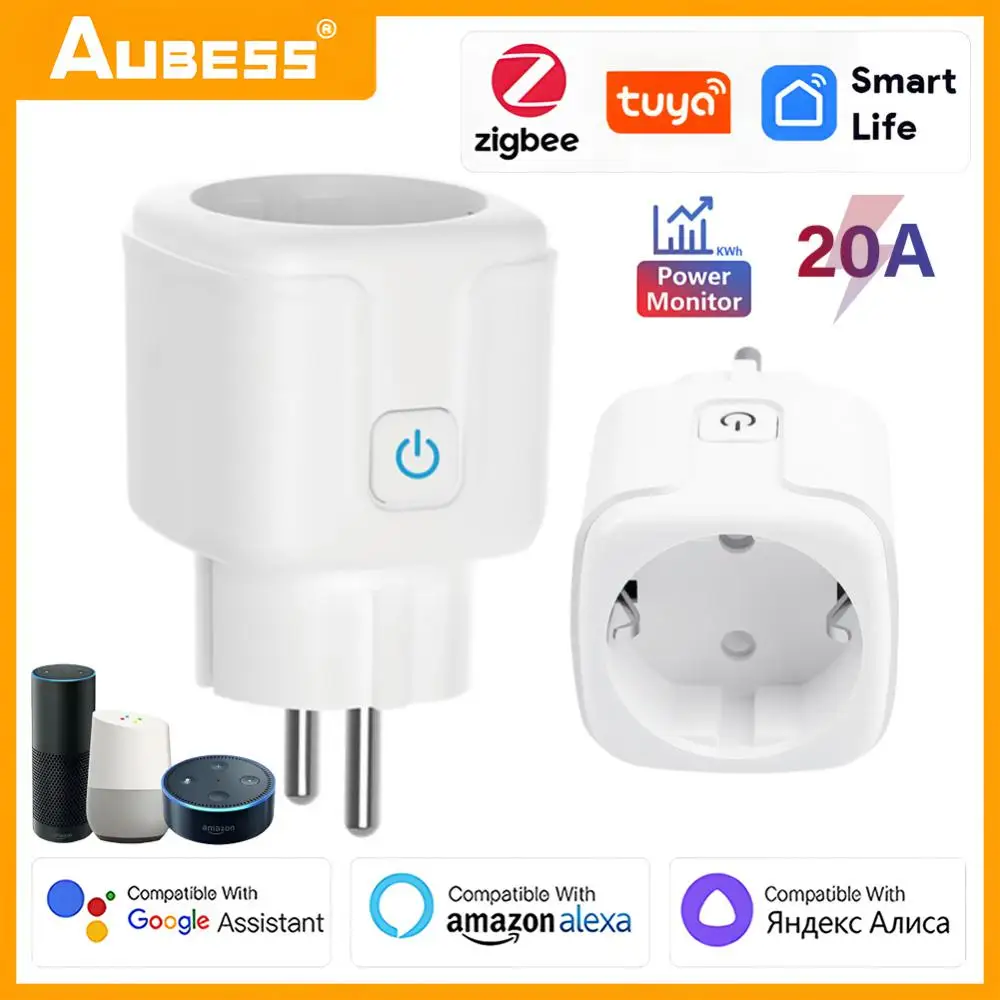 Tuya ZigBee Smart EU Plug 20A Socket Outlet Timer Power Monitor Voice Control Remote Google Alexa Home Yandex Alice Smartlife