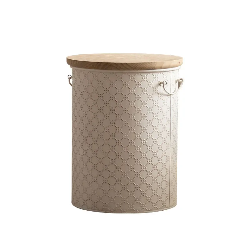 

French retro old wrought iron storage edge, small apartment living room sofa storage corner, cream wind solid wooden barrel