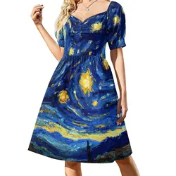 Oil Painting Dress Van Gogh Starry Night Kawaii Dresses Female Short Sleeve Aesthetic Casual Dress V Neck Oversized Clothes