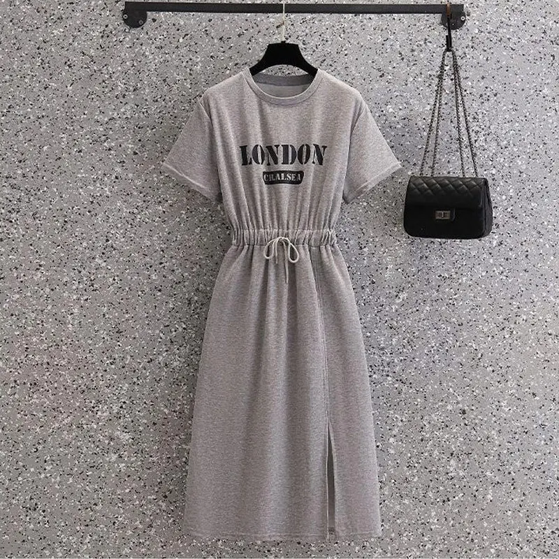 Summer Letter Printing Pleated Lacing Midi Dress Round Neck Short Sleeve Loose Casual Dresses Fashion Simplicity Women Clothes