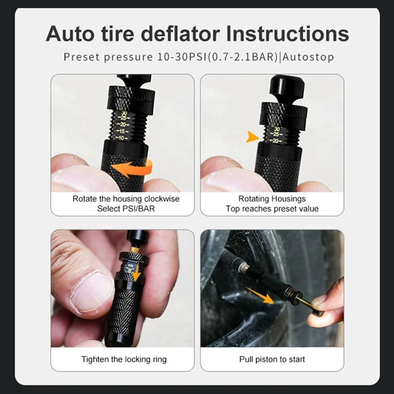 4Pcs Automatic Tire Deflators Set Of 4, Adjustable Pressure Suitable For Offroad Vehicles Motorcycle Valves Caps