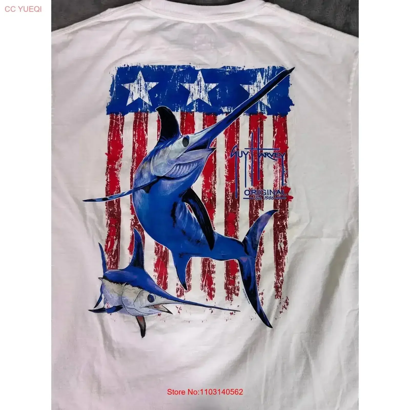Y2K Guy Harvey T Shirt Marlins USA Flag White Pocket Men's Large vintage Washed Casual Top For Everyday Wear Comfortable