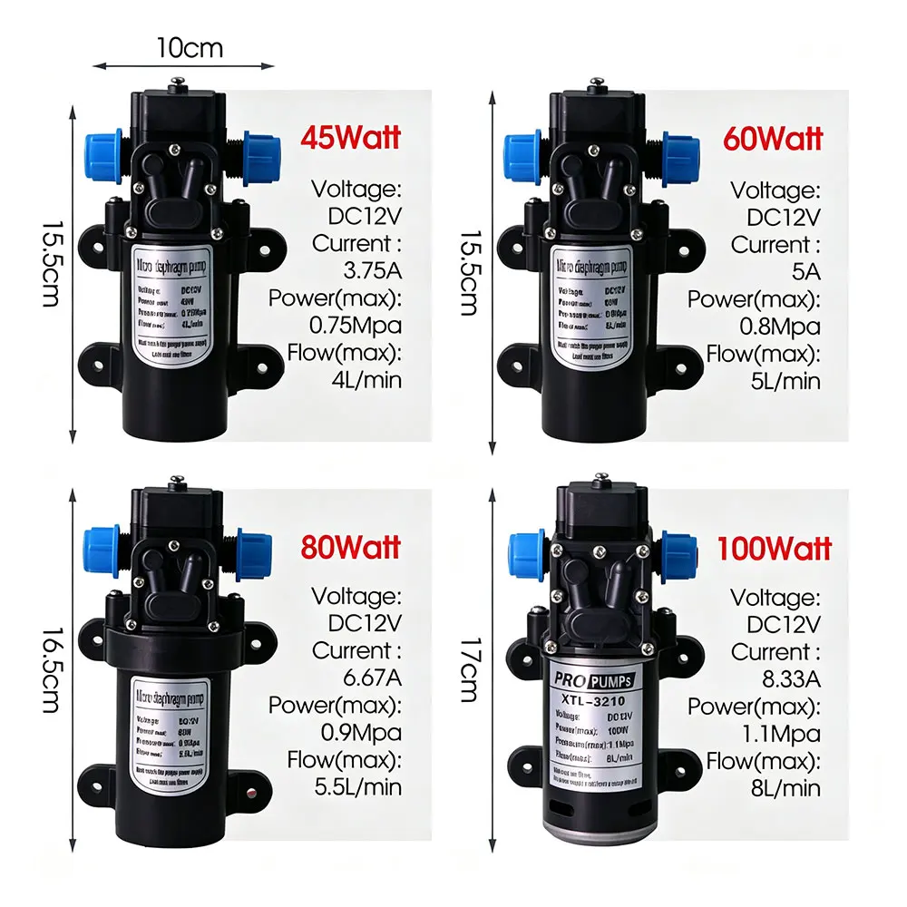 45/60/80/100W Self-priming Boosting Diaphragm Pump W/ DC-12V/Power Supply 110-240V for Home Car Washing Garden Irrigation System
