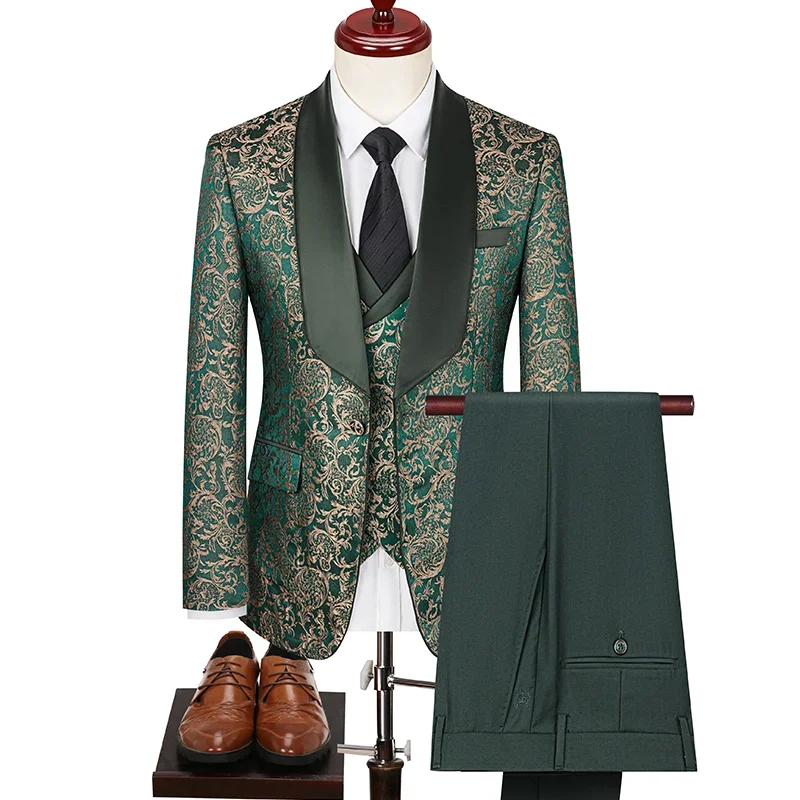 High-grade Jacquard Suit 3 Piece Men Clothing Green / Red / White Fashion Male Luxury Wedding Blazers and Pants with Vest