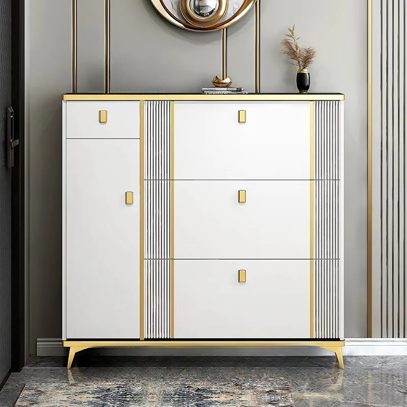 Modern thin clamshell shoe cabinet with boot storage drawer, narrow shoe cabinet