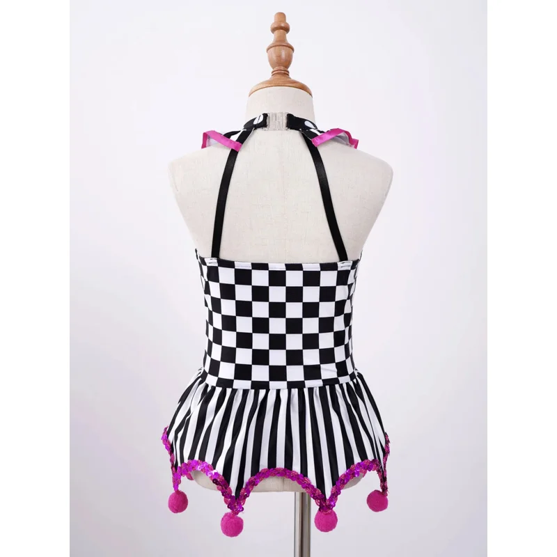 Ragazze Circo Clown Joker Spettacolo di Halloween Costume Festival Gioco di scena Gioco di ruolo Griglia Pompon Ornato Paillettes Tutu Body Dress