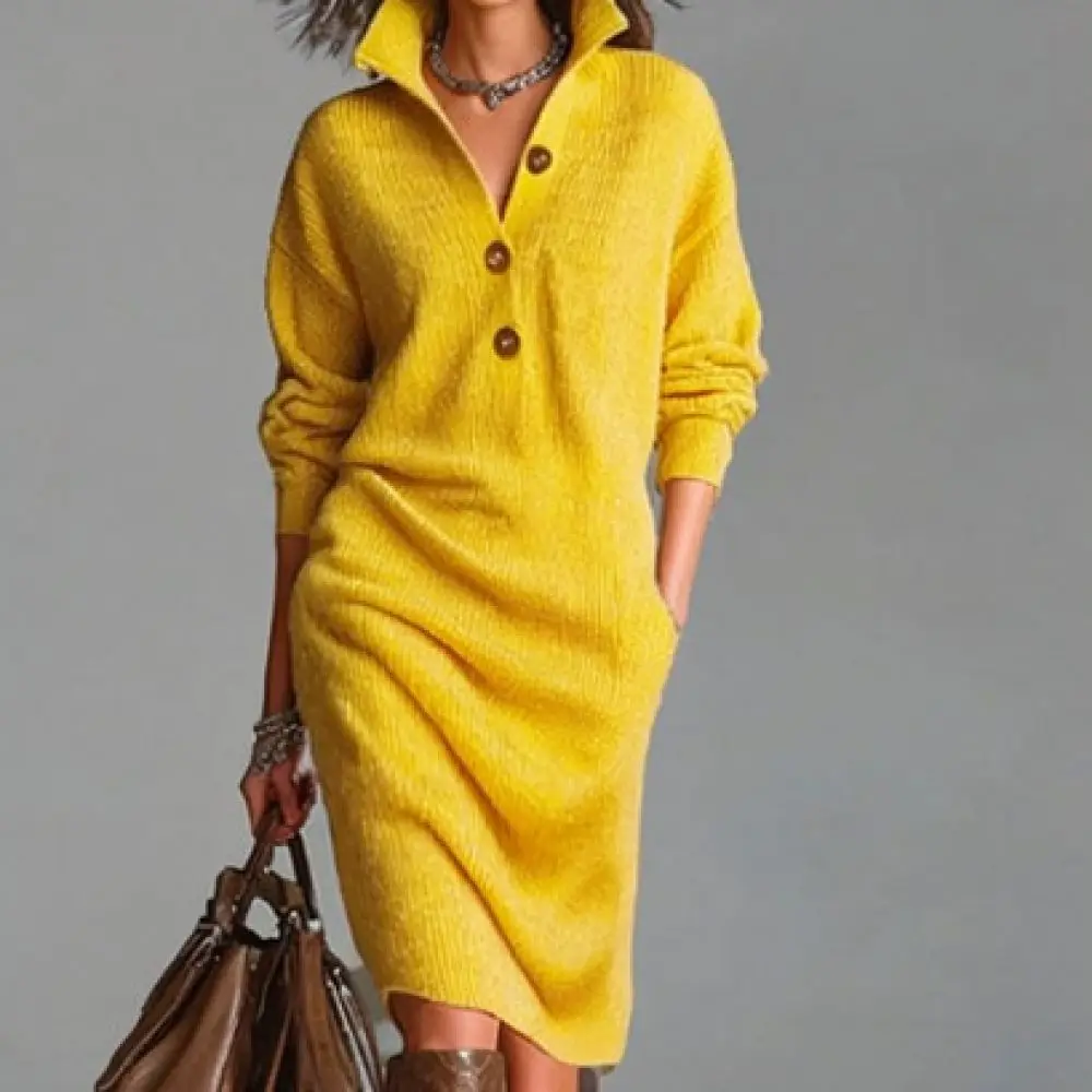 Women Fall Sweater Dress Vintage Long Sleeve Lapel Button Up Loose Straight Knitwear Casual Mid Length Dresses Soft Pullover