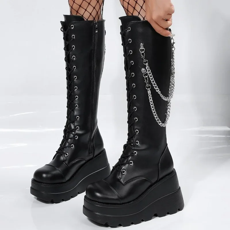 Brand Dropship Plus Size 43 Black Gothic Vampire Halloween Cosplay Punk Buckle Street Platform Wedge High Heel Boots Women Shoes