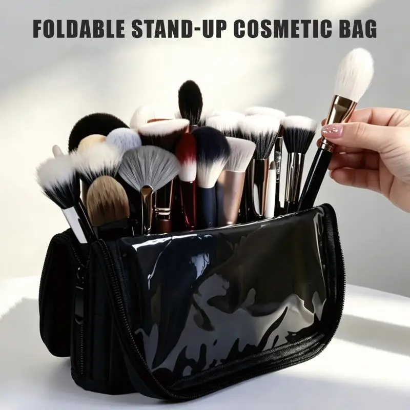 1Pcs Foldable Makeup Brush Storage Bag Stand Up Brush Pouch With Adjustable Dividers For Makeup Artists