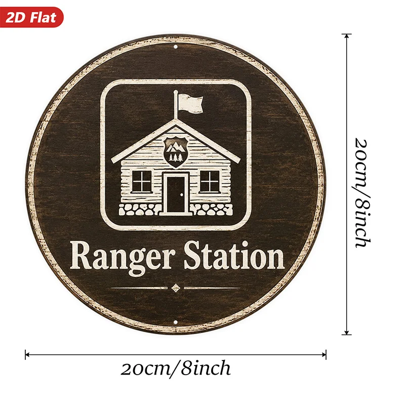2D Flat, 1pc Ranger Station Round Metal Sign Wall Art, Home Decor, Ideal for Kitchen Garden Living Room, Rustic Cabin Emblem, Wo