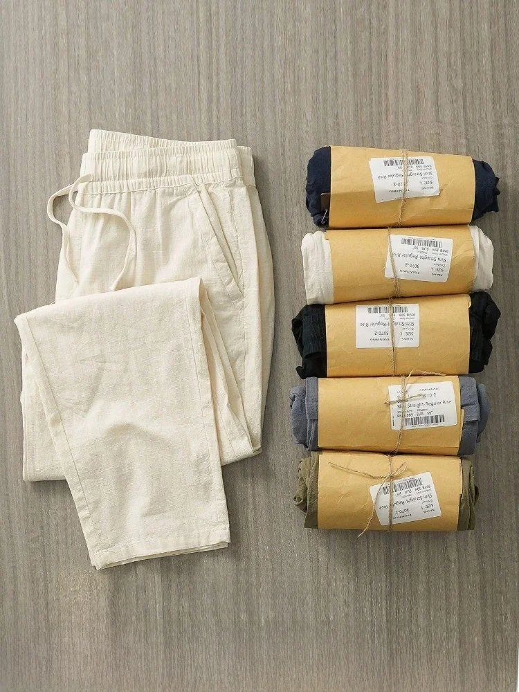 Japanese Style Casual Cotton Linen Pants Breathable Moisture Wicking Cool Loose Elastic Waist Straight Leg Loose Linen Pants ...