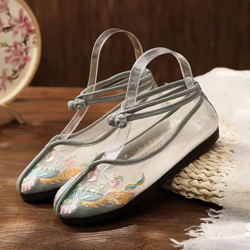 Zapatos de verano de tela antigua de Beijing, sandalias informales de malla transpirable huecas de estilo étnico Hanfu, zapatos bordados para mujer