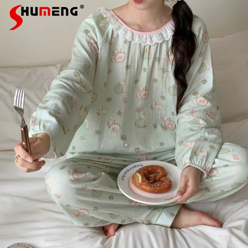 

Long Sleeve Long Pants Set for Women 100% Cotton Double Layer Original Sleep Suits Female Green Apple Spring Autumn Cute Pajamas