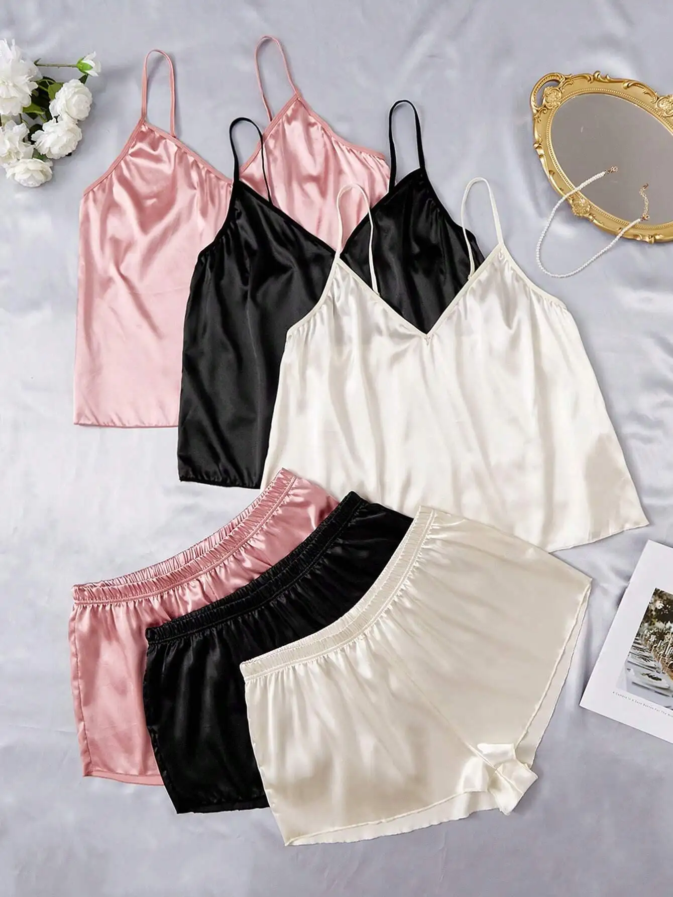 

6-Piece Solid Color Satin Sleepwear Set with V-Neck Camisole and Shorts