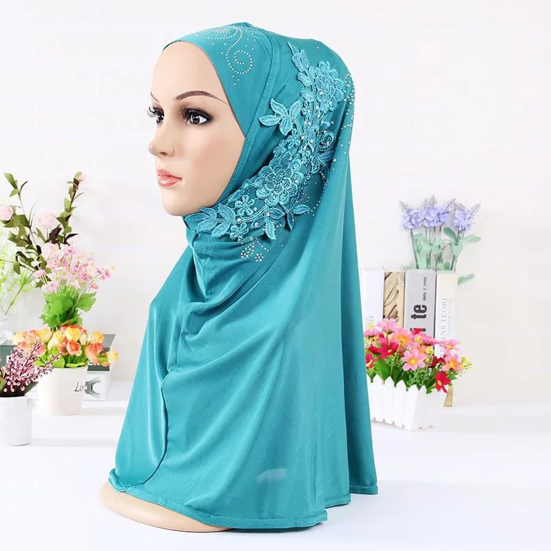 New Lace Spot Diamond Solid Color Turban Fashion Patch Patchwork Hijab Muslim Ladies Turban Banquet Party Muslim Fashion